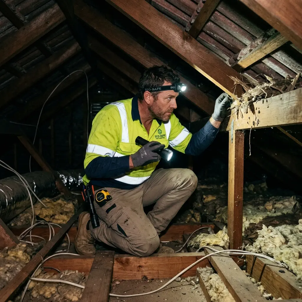 Technician inspecting a roof cavity for a dead animal in Emerald
