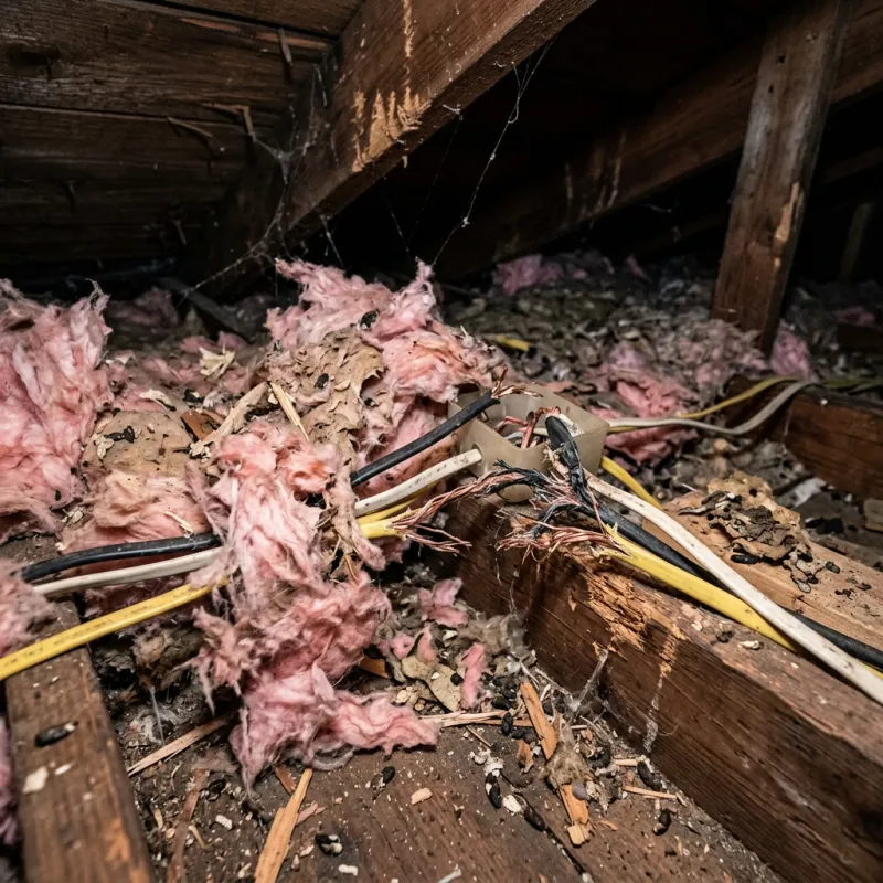 Contaminated ceiling insulation being assessed in a Emerald roof space